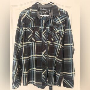 Buckle Black Label Men's Black and Blue Plaid Slim Fit Shirt, Size L